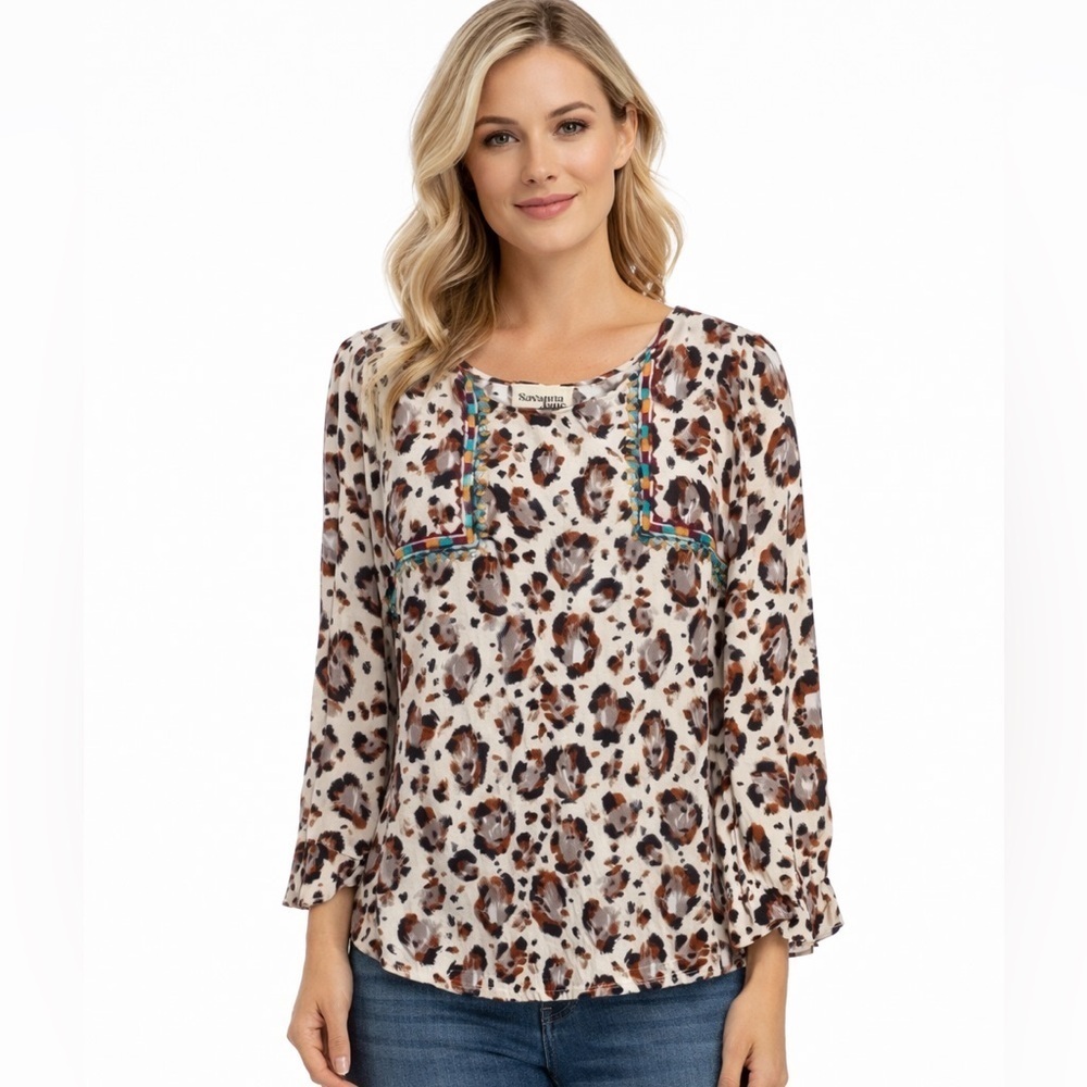 Savanna Jane Leopard Embroidered Boho Rayon Blouse M